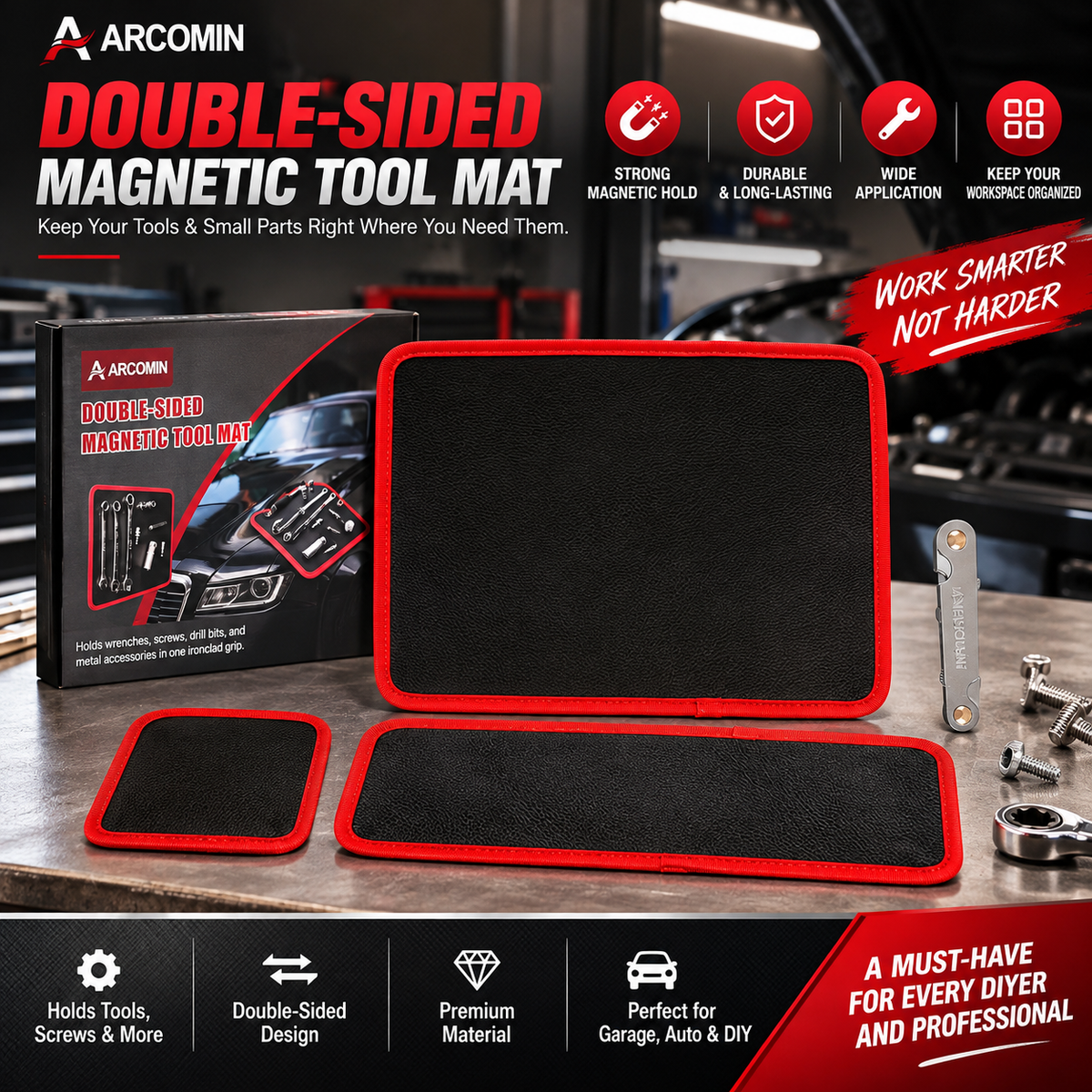 ‌Arcomin 3PC Flexible Magnetic Tool Mat & Tray Holder - Magnetic Tool Tray, Flexible Magnetic Mat, PVC & Non-Slip for Garage Workshop, Auto Repair Tools (12.8x9.8/12.6x4/6.3x5.3in)
