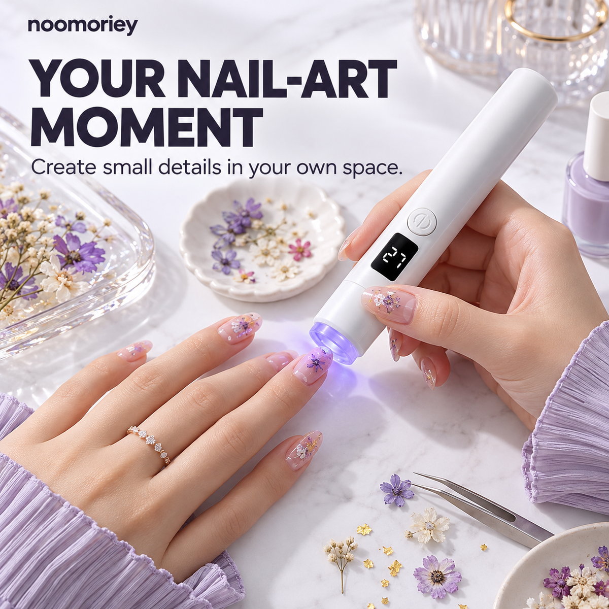 Nail art lamp holding dried flower decoration in place