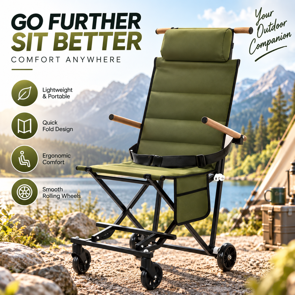 🪑 Lightweight Folding Travel Chair with Wheels – Portable Rolling Seat for Family Outings