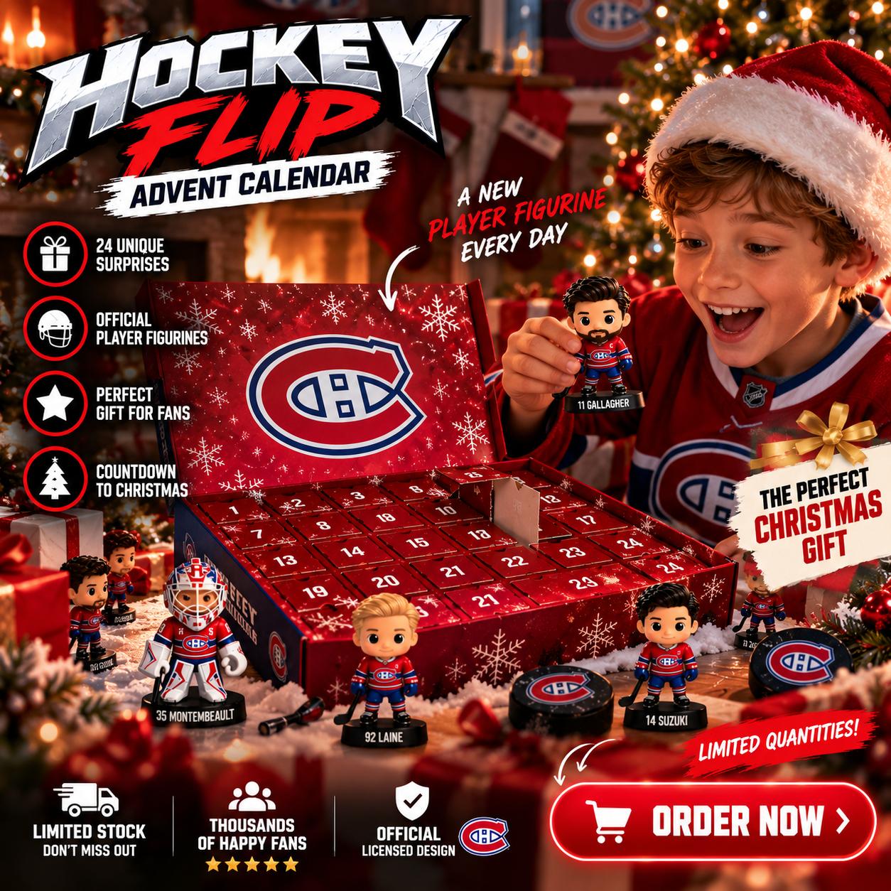 Young hockey fan enjoying CalendarFlip advent calendar by the Christmas tree