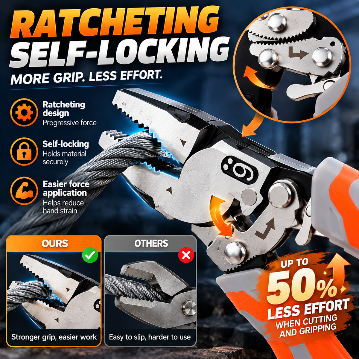 Ratcheting self-locking pliers gripping cable