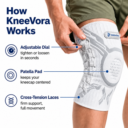 A person wearing a white and gray KneeVora knee support brace, with callout text and icons explaining features like the adjustable dial, patella pad, and cross-tension laces.