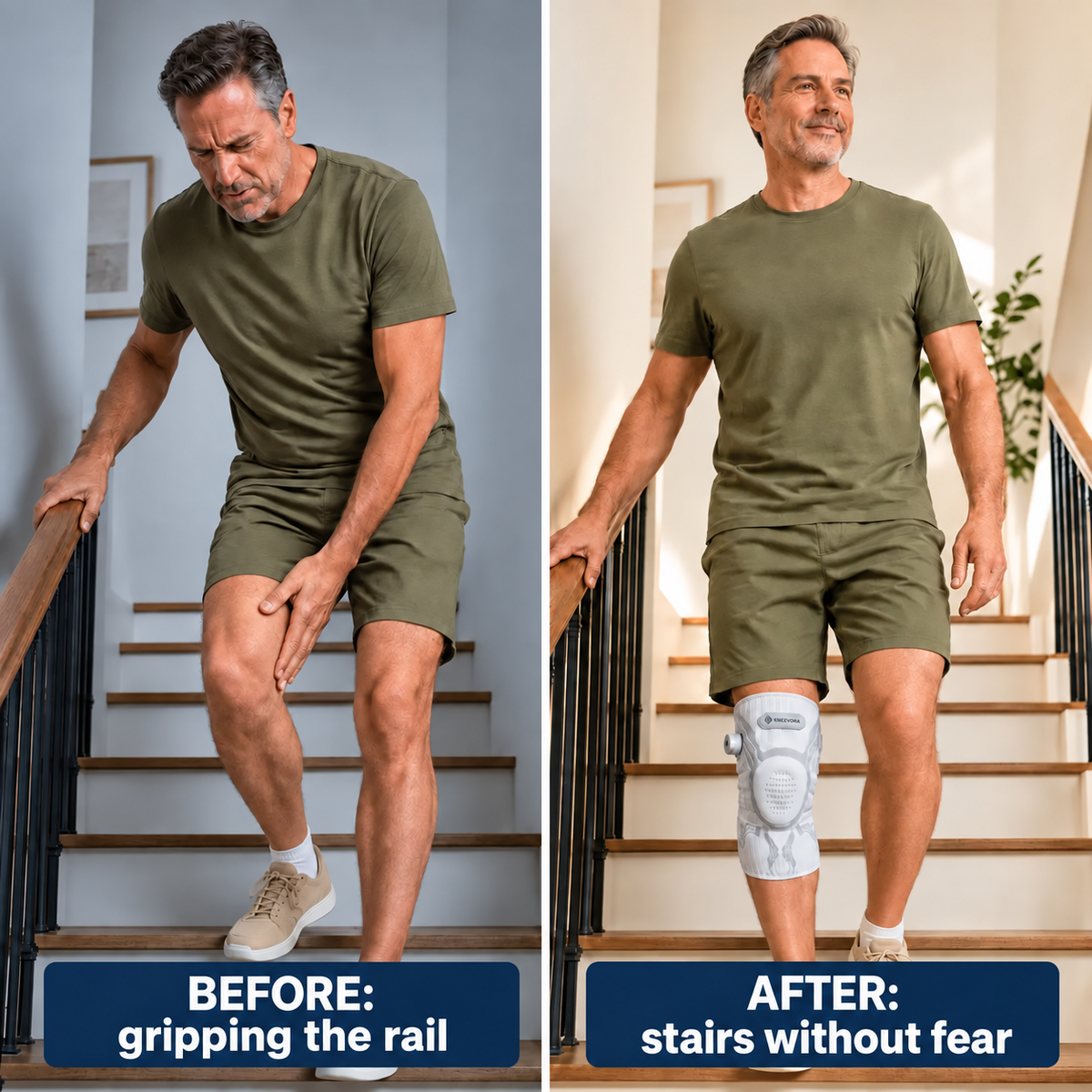 A side-by-side before/after comparison shows a man walking down indoor stairs. On the left, labeled 'BEFORE: gripping the rail,' he is bent forward and holding the railing.