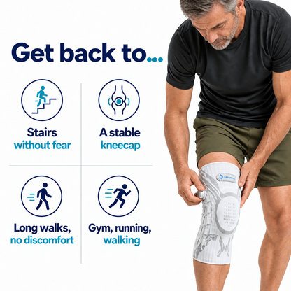A man wearing a white and gray knee support brace on his right leg, shown adjusting it. The image includes marketing text and icons on the left reading 'Get back to.