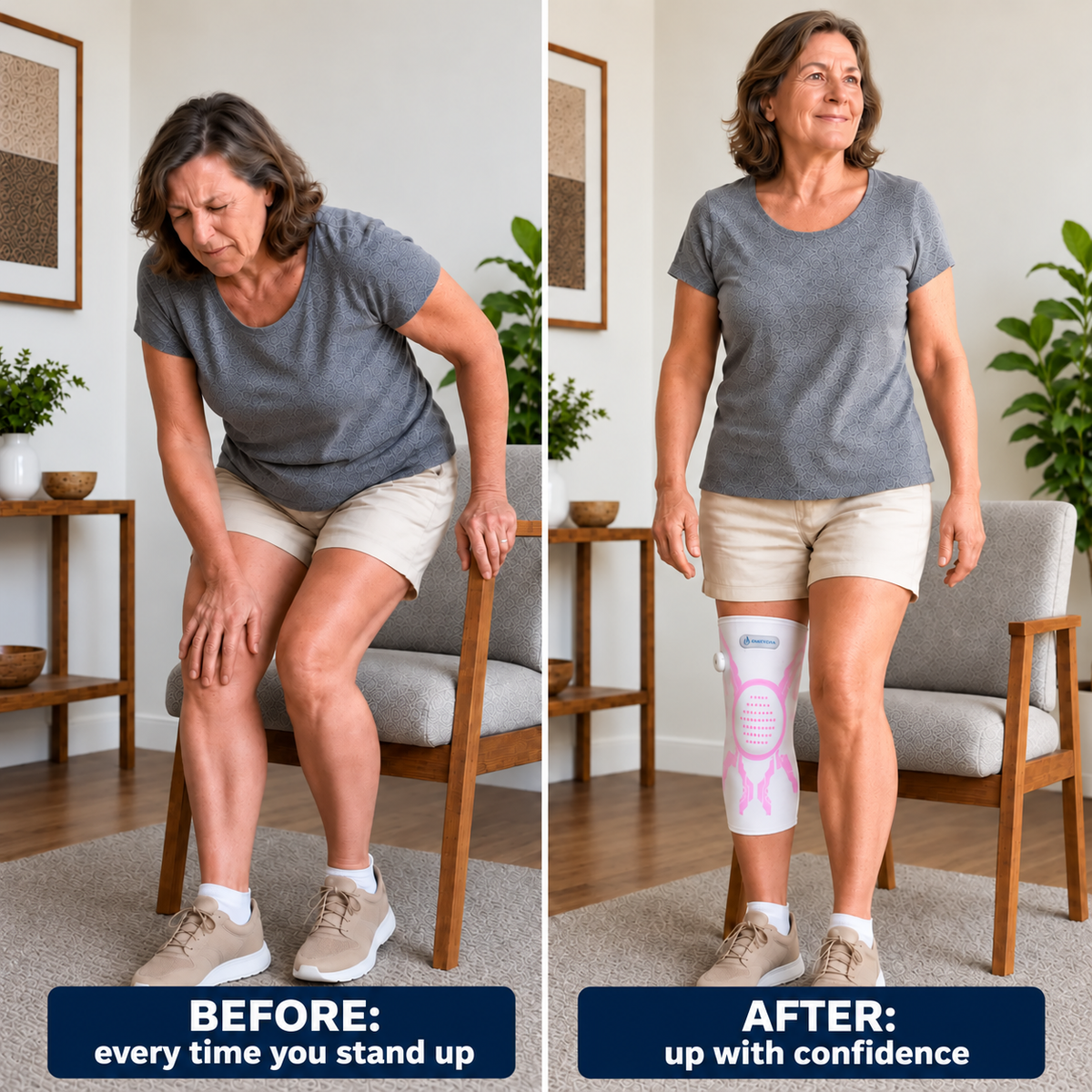 A side-by-side before/after comparison showing a woman standing up. On the left, she is bent over in discomfort with the text 'BEFORE: every time you stand up.