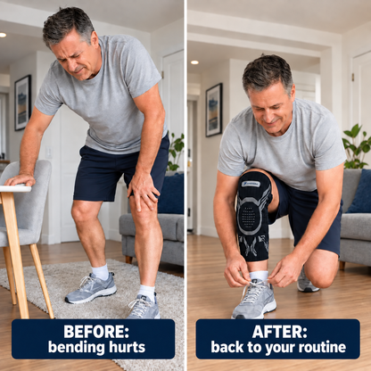 A side-by-side before/after comparison showing a man in a living room. On the left, he bends over in pain with the text 'BEFORE: bending hurts.