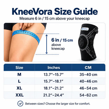 KneeVora size guide infographic showing how to measure 6 in / 15 cm above the kneecap with a tape measure on a thigh, a black knee support brace on the right, and a size chart table below with sizes M, L, XL, and XXL in inches and centimeters.