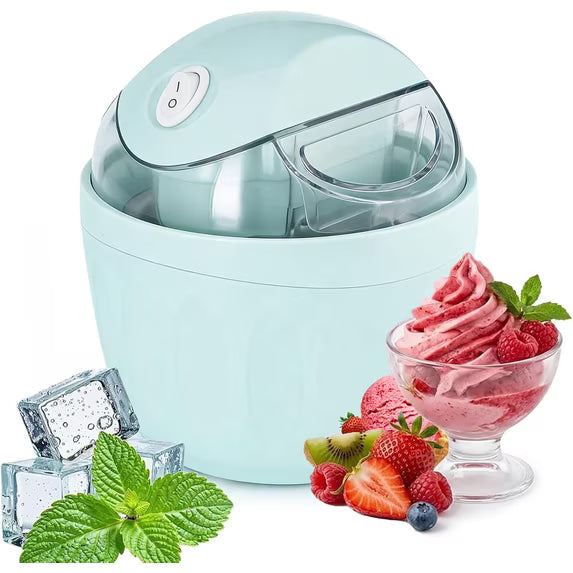 Compact homemade ice cream maker with fresh fruit dessert