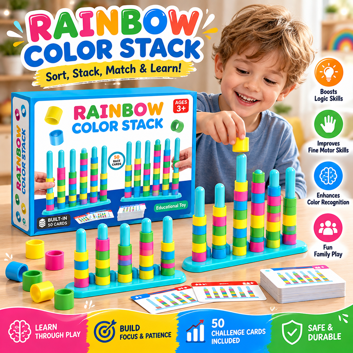 🌈 Rainbow Color Stacking Challenge – Dual-Base Game & Portable Version