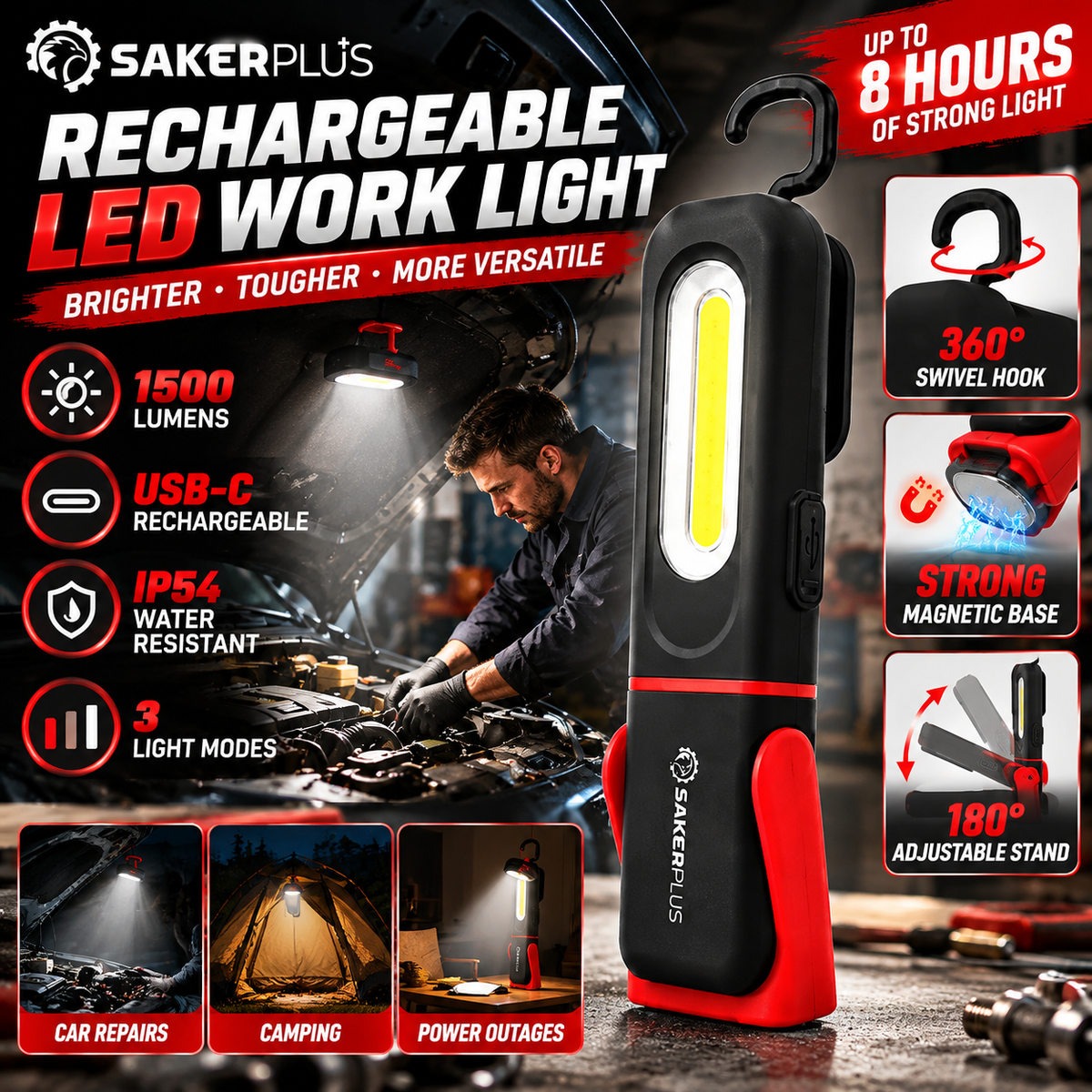 💡 Rechargeable COB Work Light | Magnetic Base, Hook & Stand