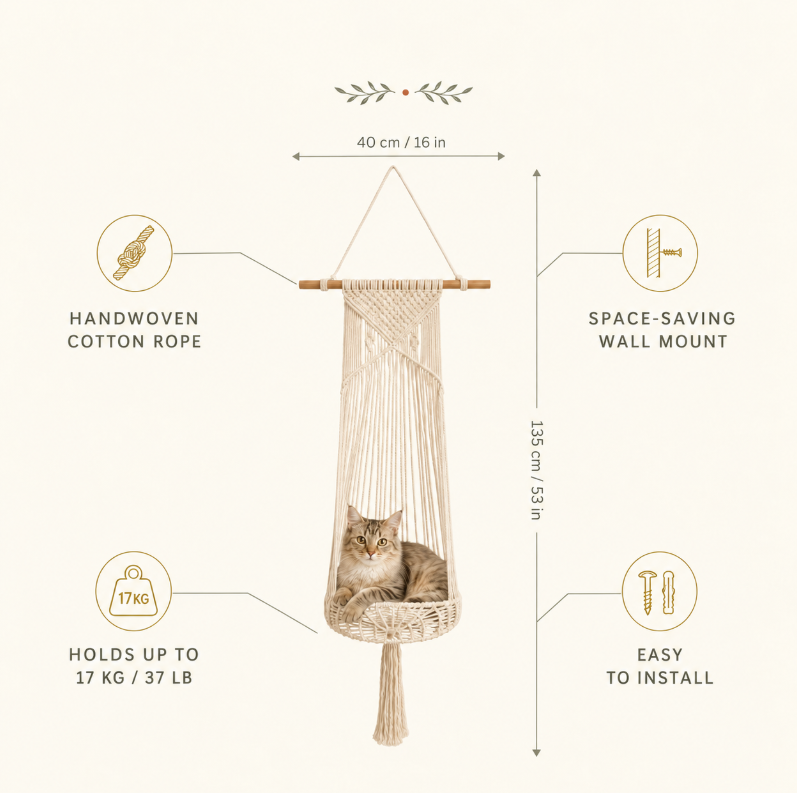 🐱 Boho Macrame Cat Hammock – Cozy Hanging Bed For Your Cat