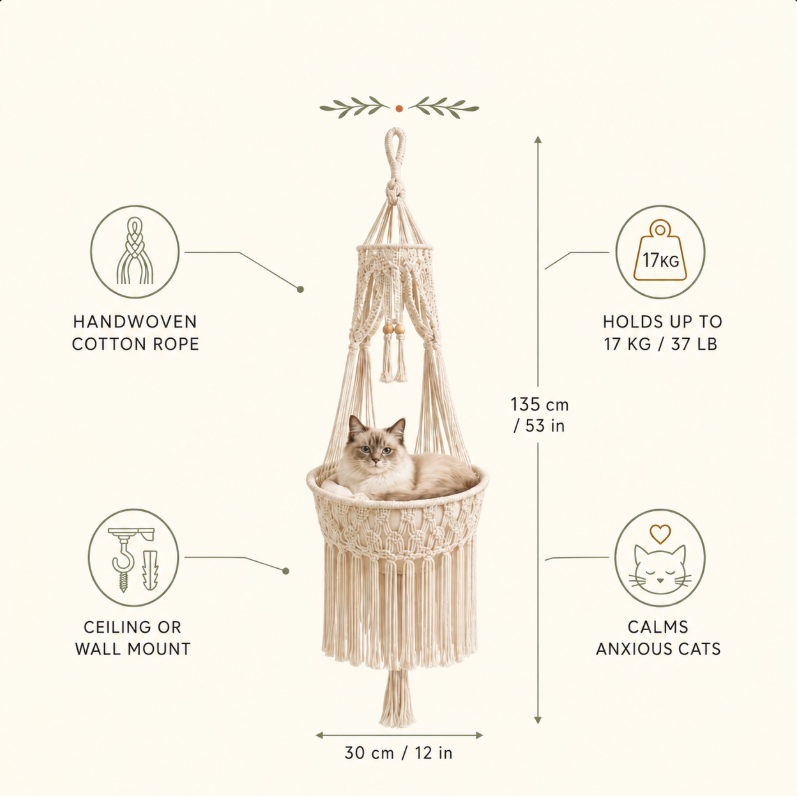 🐱 Boho Macrame Cat Hammock – Cozy Hanging Bed For Your Cat