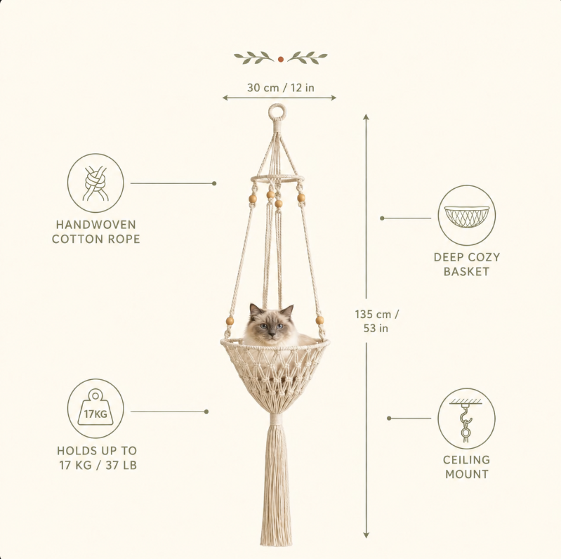 🐱 Boho Macrame Cat Hammock – Cozy Hanging Bed For Your Cat