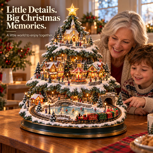 🚂🎄 Lighted Christmas Village Tree – Animated Train & Carousel Holiday Display