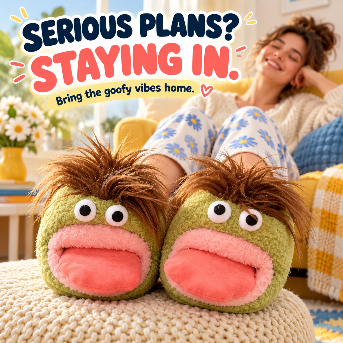 🤪 Funny Face Plush Slippers – Wild Hair, Googly Eyes & Cozy Indoor Fun 🎁