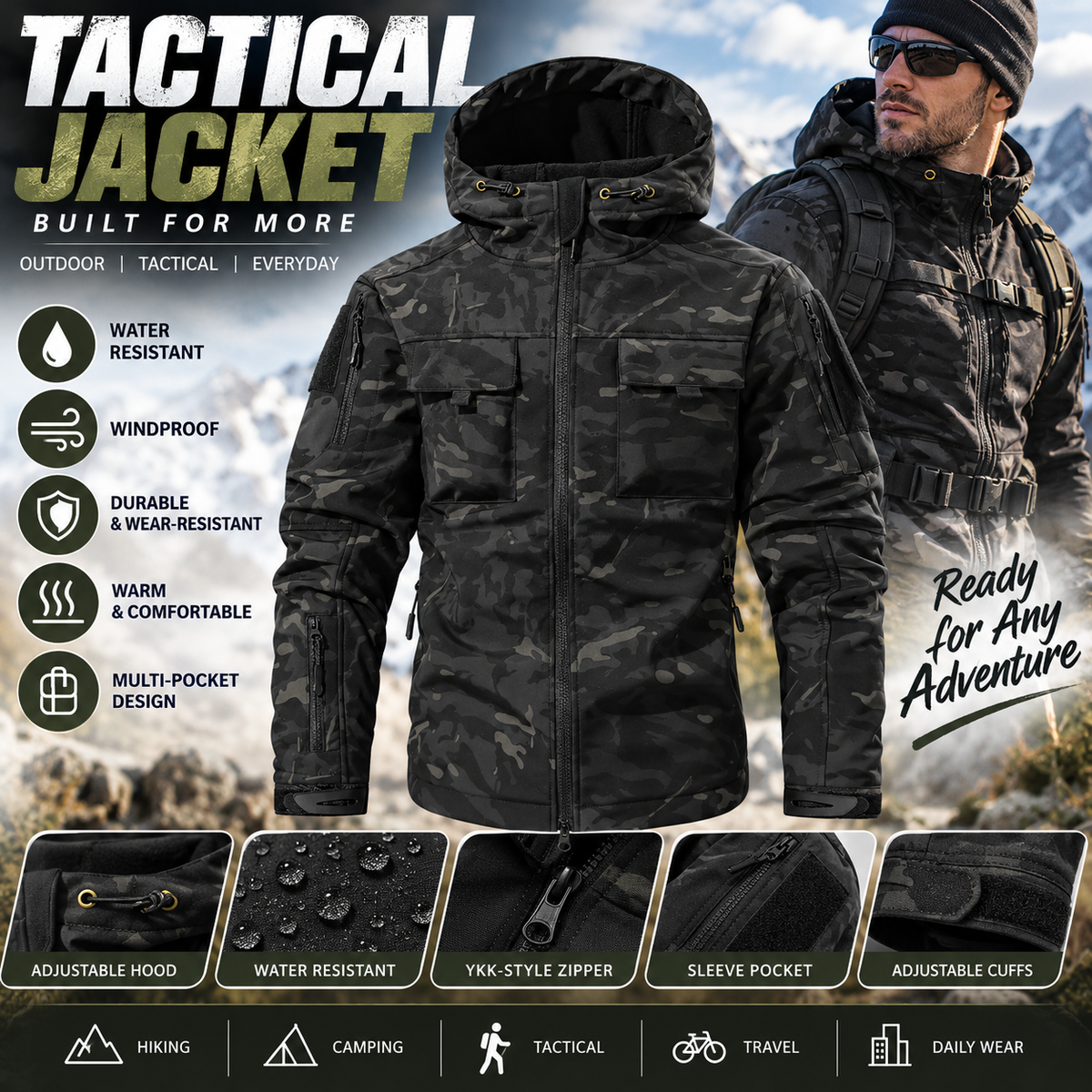 🧥 Men's Fleece-Lined Outdoor Jacket – Waterproof 9-Pocket Hooded Design
