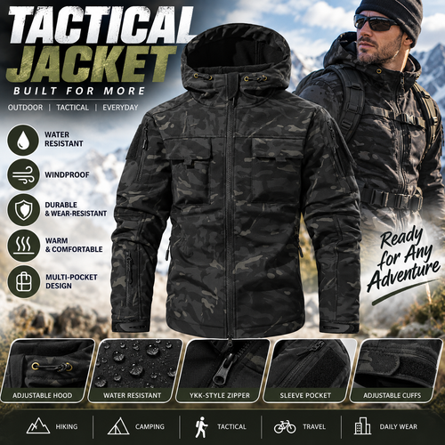🧥 Men's Fleece-Lined Outdoor Jacket – Waterproof 9-Pocket Hooded Design