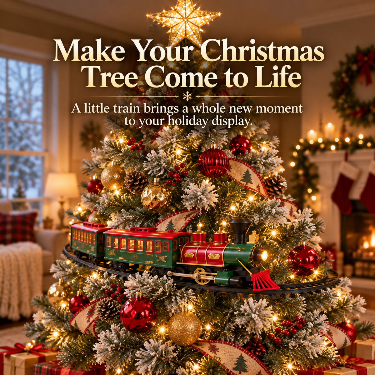 🌲🚆Christmas Tree Train Set with Moving Locomotive & Customizable Track