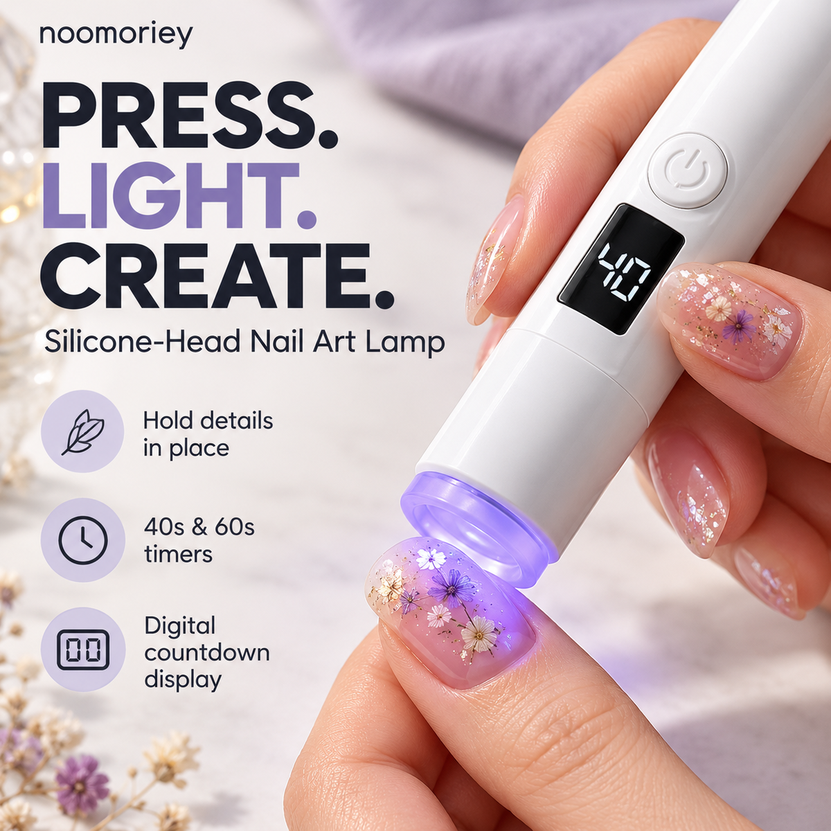 Silicone nail art stamper with LED curing light and digital timer