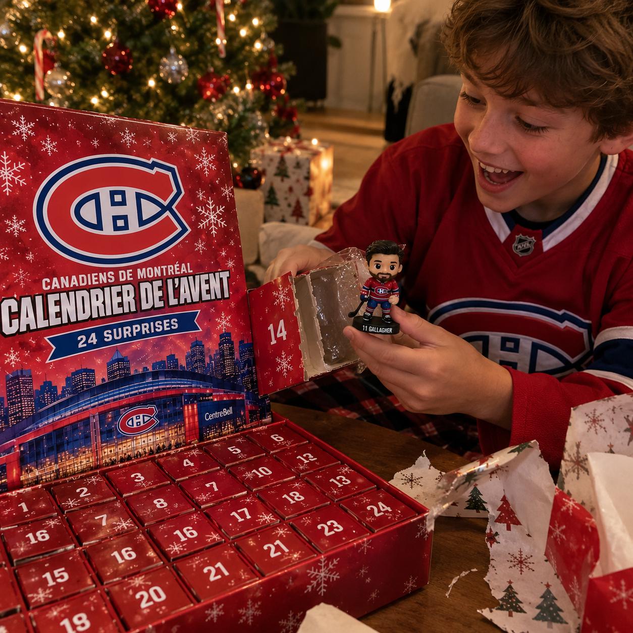 Opening a numbered door to reveal a collectible hockey player