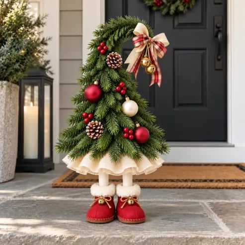 Large Christmas elf tree decoration with curved evergreen top and red boots