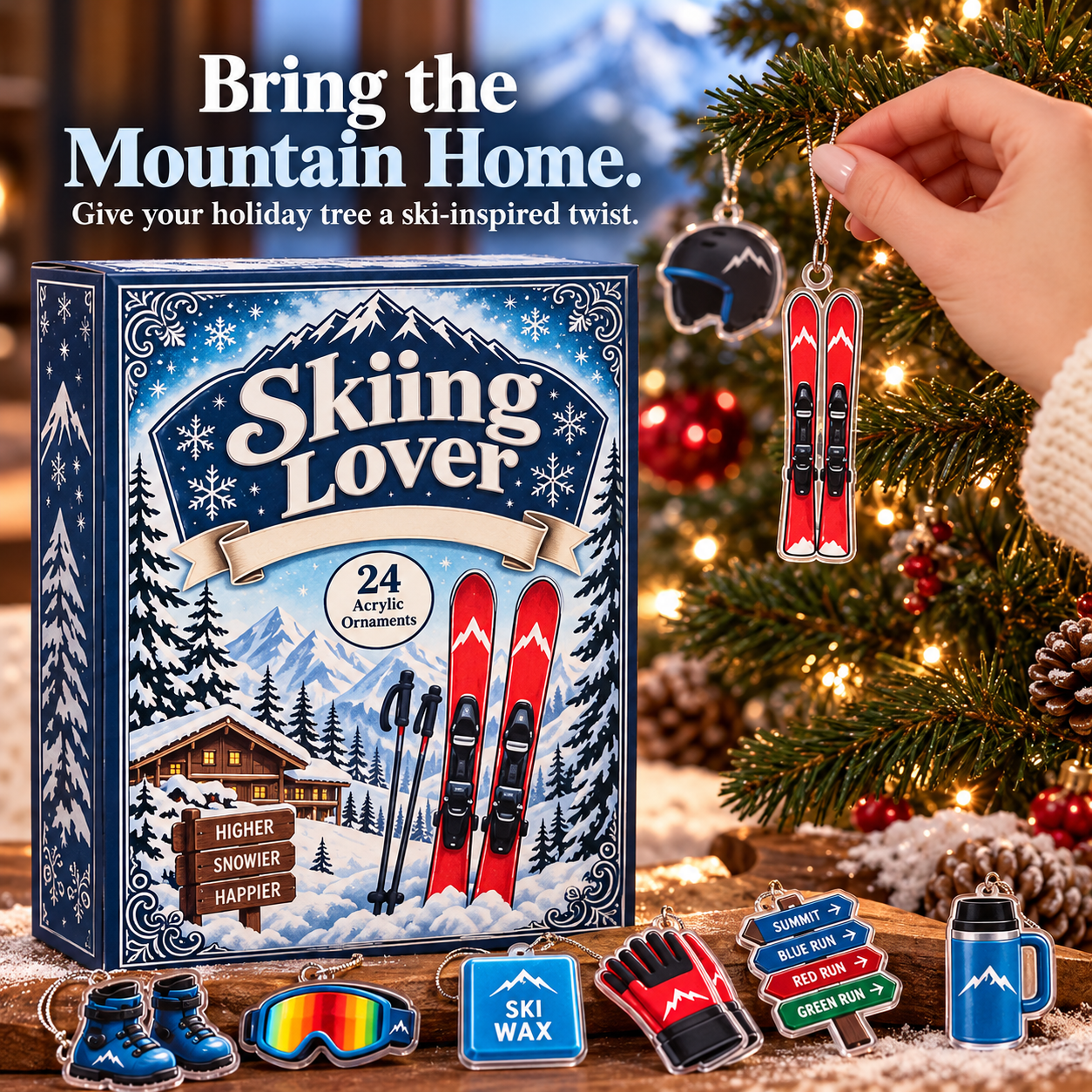 Mini red skis and helmet acrylic ornaments hanging on a Christmas tree beside the ski advent calendar