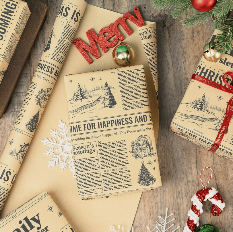 Vintage Christmas kraft paper styling with ribbon and ornaments