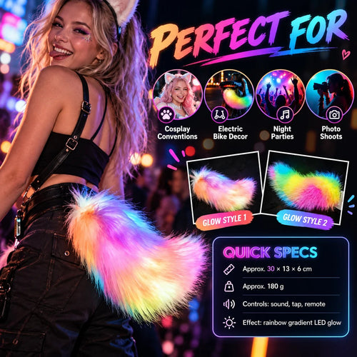 🎭 Light Up Plush Costume Tail | 3 Control Modes, Universal Clip-On for Conventions & Parties