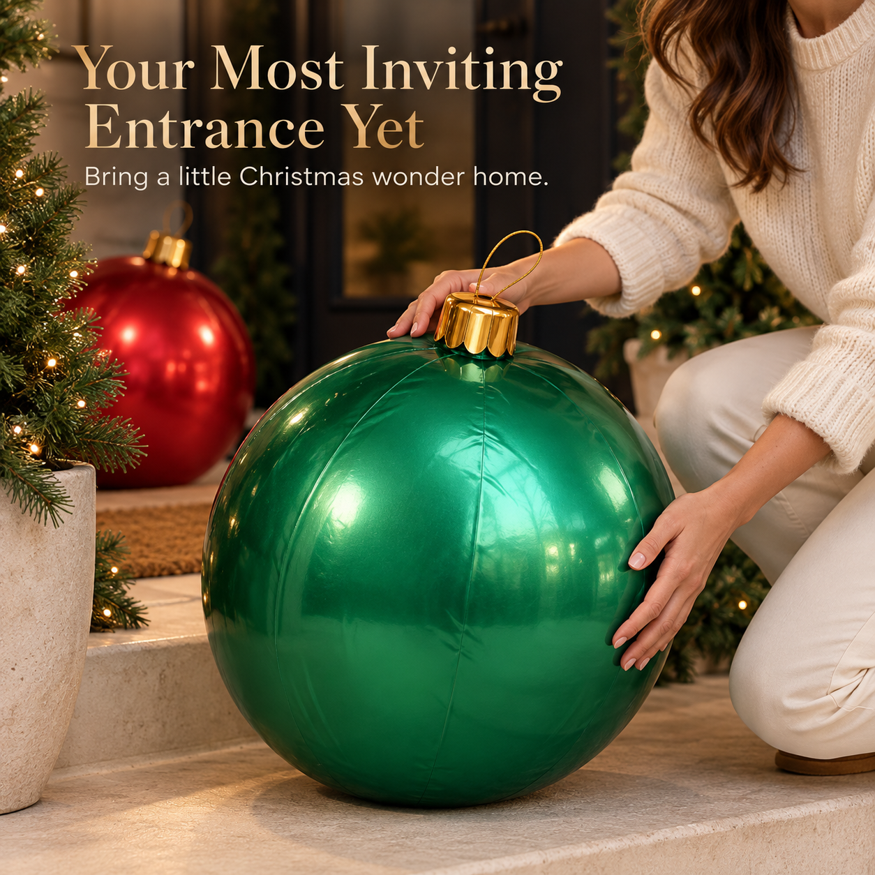 Woman placing a large green inflatable Christmas ornament on decorated front porch steps