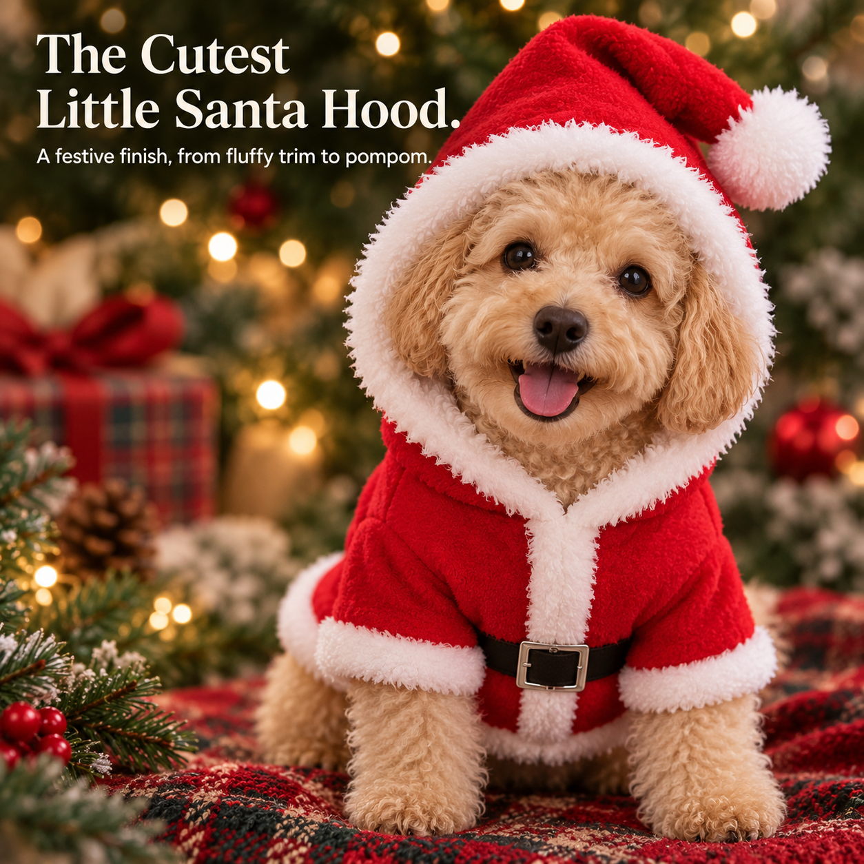 Close-up of small poodle wearing Santa hoodie with white fluffy hood trim and pom-pom