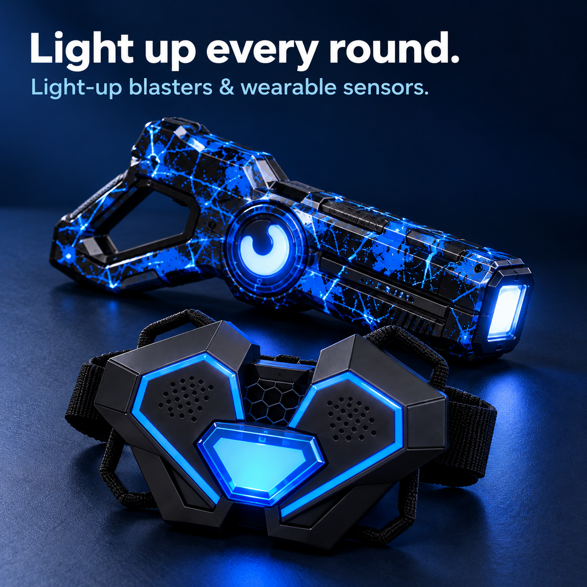 Blue light-up laser tag blaster and wearable target sensor
