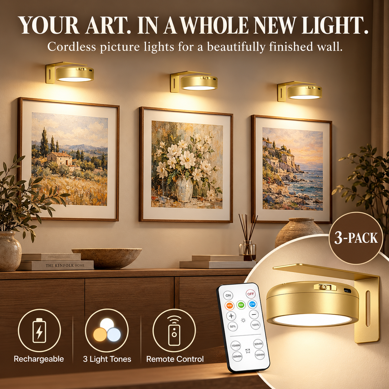 Gold rechargeable picture lights illuminating three framed artworks on a living room wall