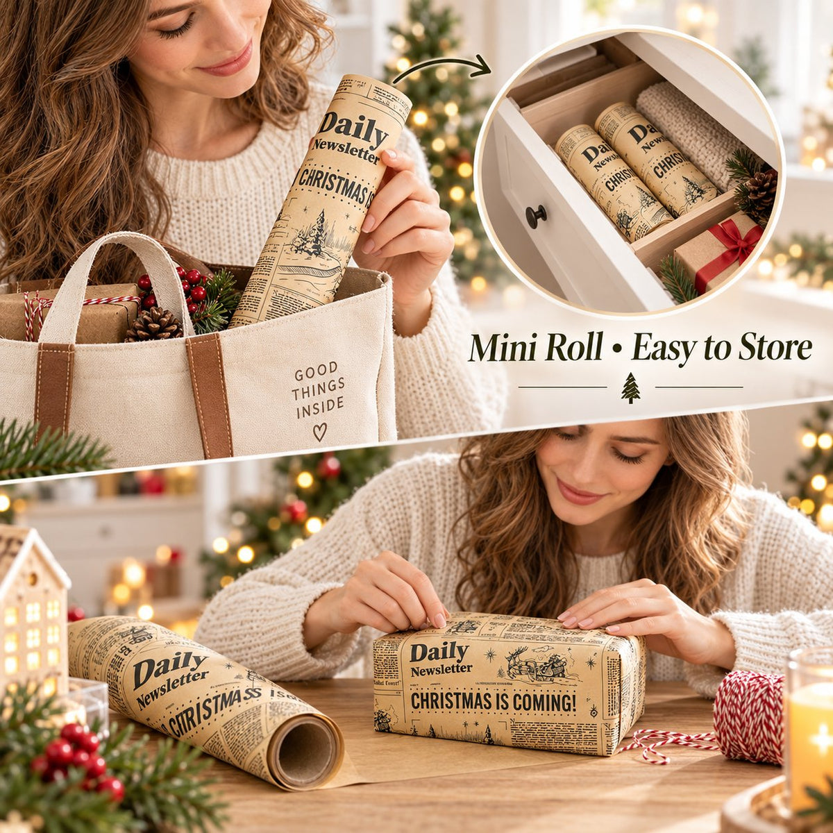 Compact mini Christmas wrapping paper roll stored in drawer