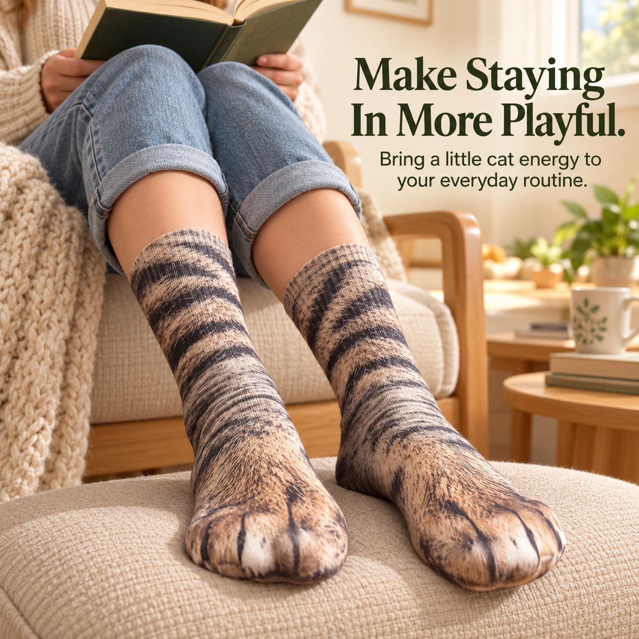 Person relaxing on a chair with a book while wearing realistic cat paw socks