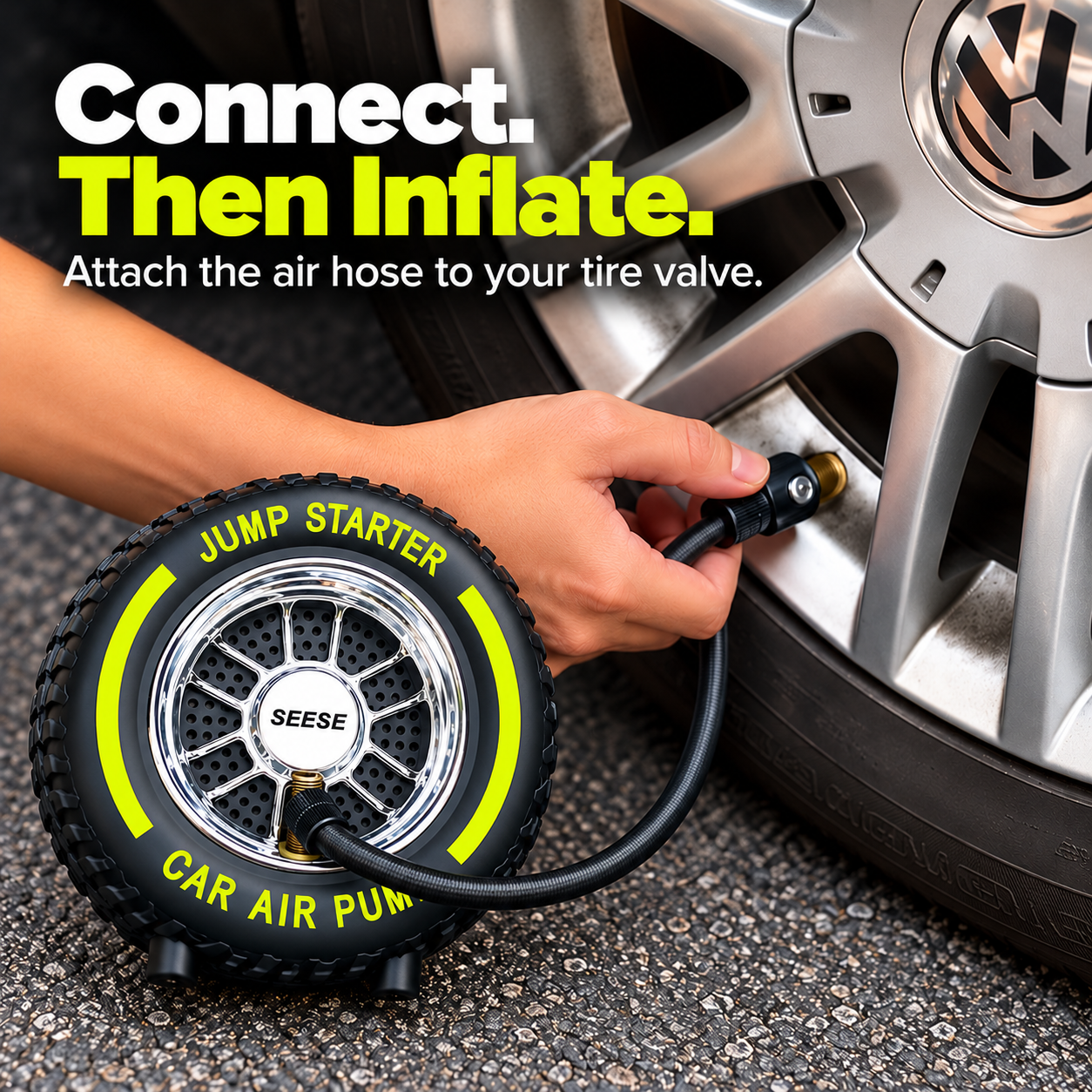Driver connecting portable tire inflator air hose to a car tire valve