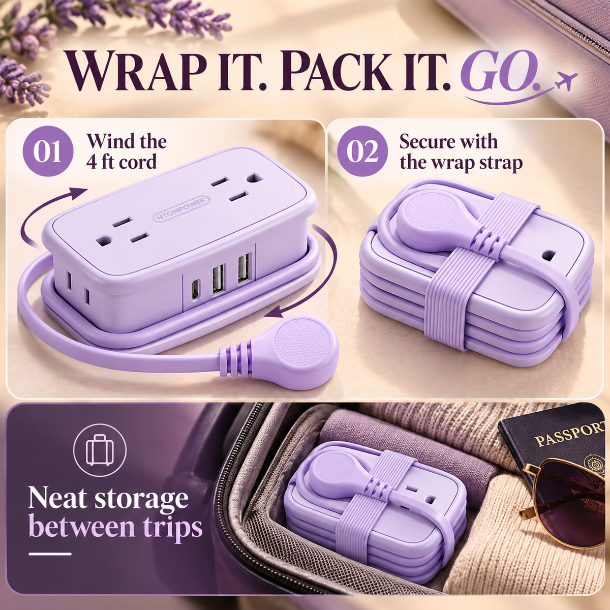 7-in-1 Travel Power Strip with USB-C & USB-A – Compact Wrap-Around Cord & Flat Plug