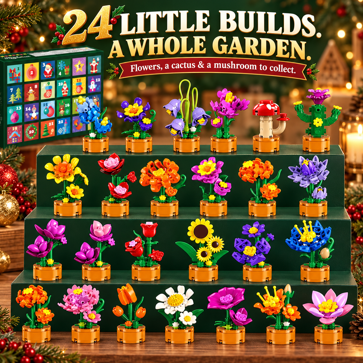 Twenty-four miniature flower cactus and mushroom building block models displayed together