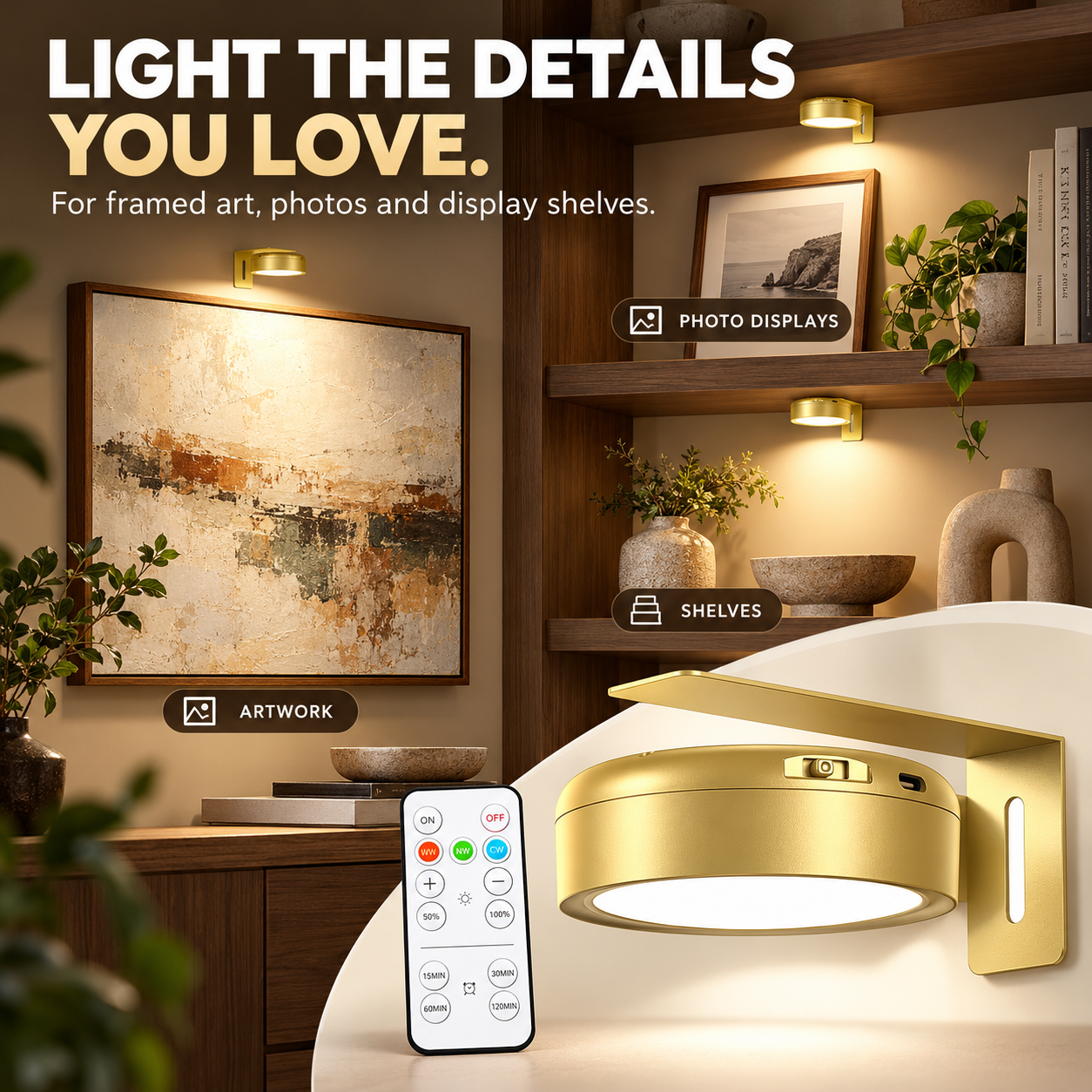 Rechargeable picture lights used above framed artwork photo displays and decorative shelves
