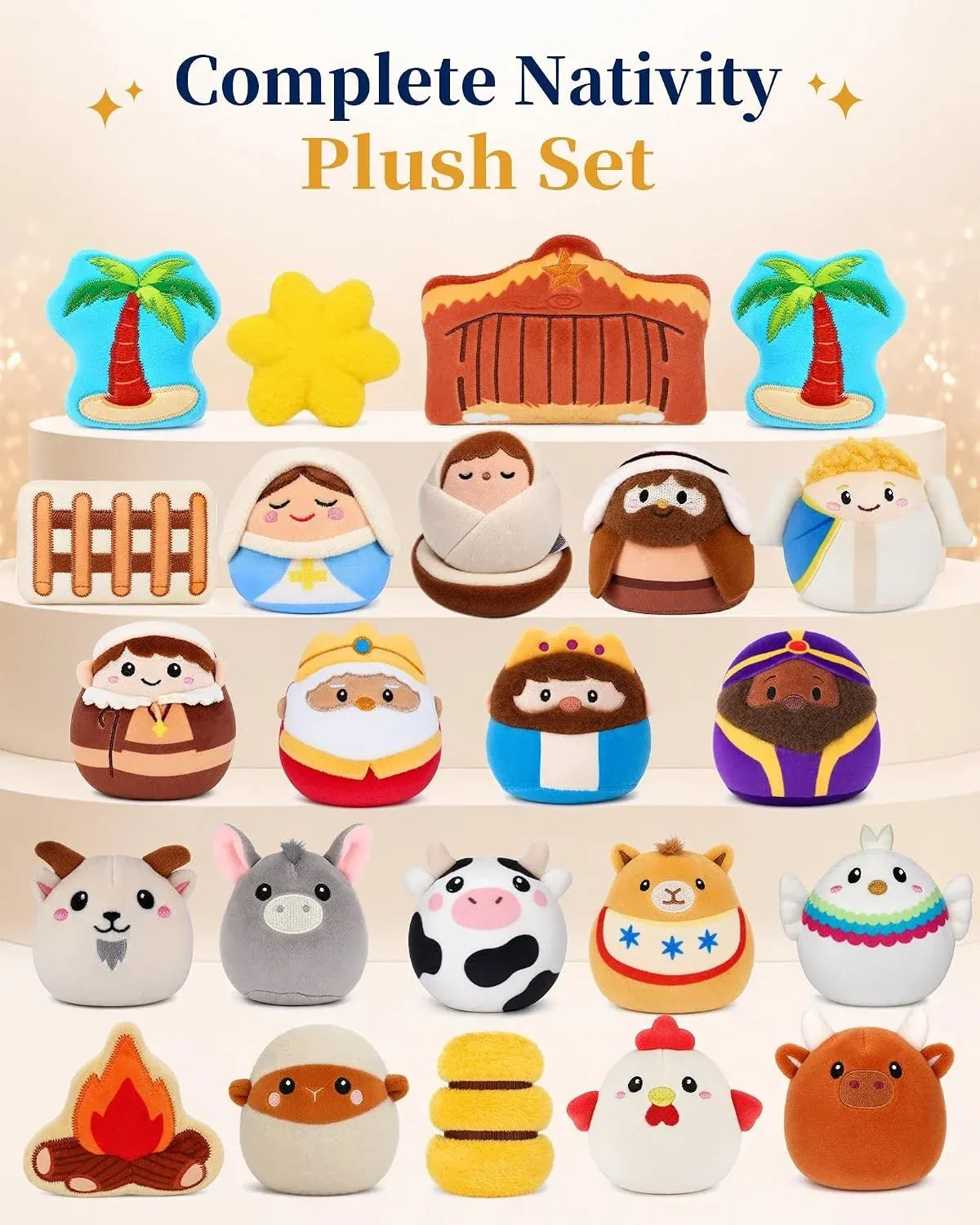 Complete Nativity plush collection with figures, animals and accessories