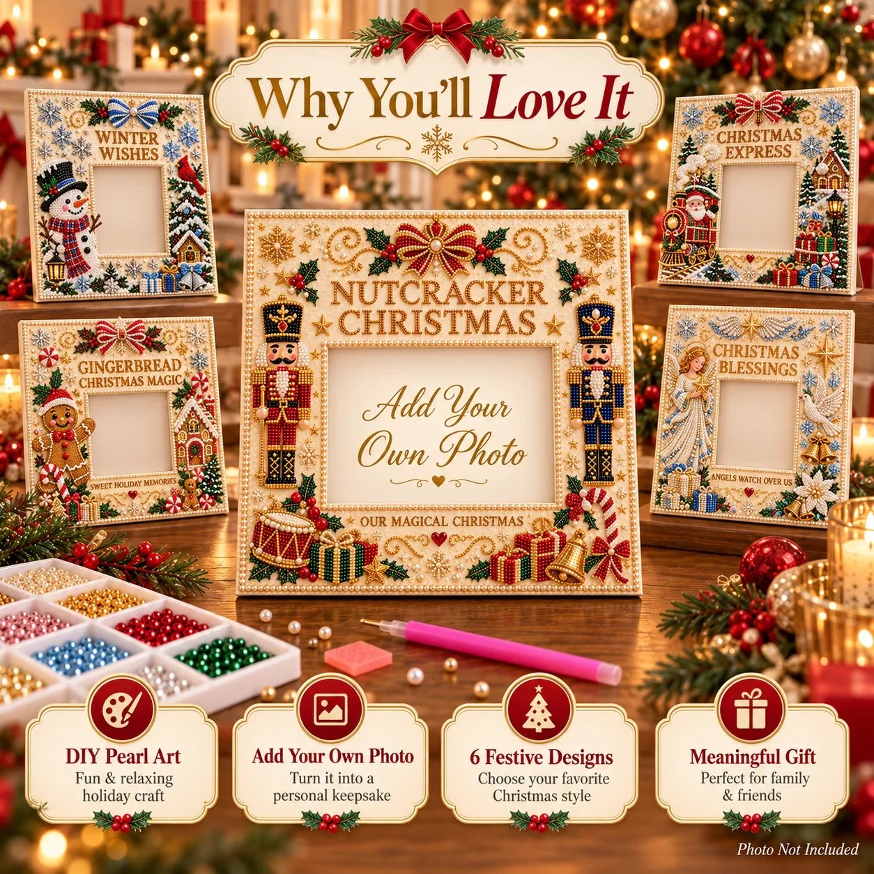 Multiple Christmas pearl art photo frame designs including Snowman Nutcracker Train Angel and Gingerbread
