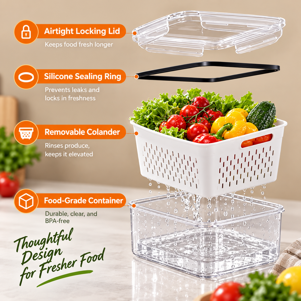 🥗 3PCS Stackable Fridge Produce Saver Containers with Removable Colander – Airtight Food Storage Boxes for Fruits, Vegetables & Meal Prep