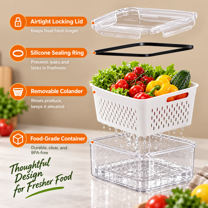 🥗 3PCS Stackable Fridge Produce Saver Containers with Removable Colander – Airtight Food Storage Boxes for Fruits, Vegetables & Meal Prep