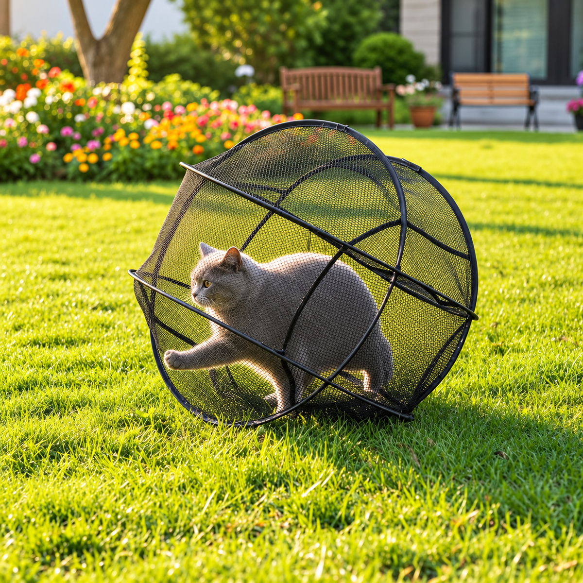Cat exploring outdoors inside a spherical mesh pet playpen