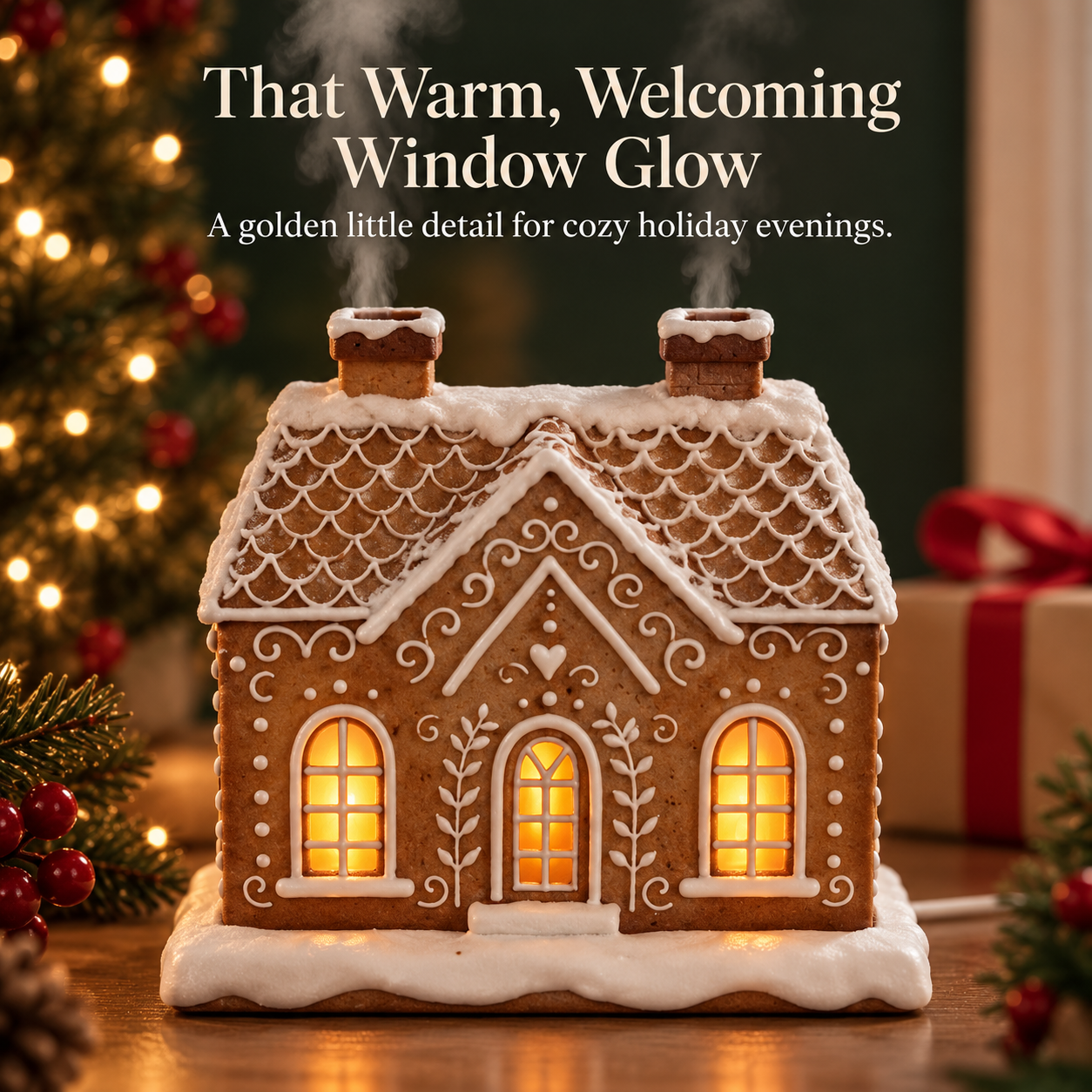 Front of gingerbread house diffuser with glowing golden windows and mist rising from roof chimneys