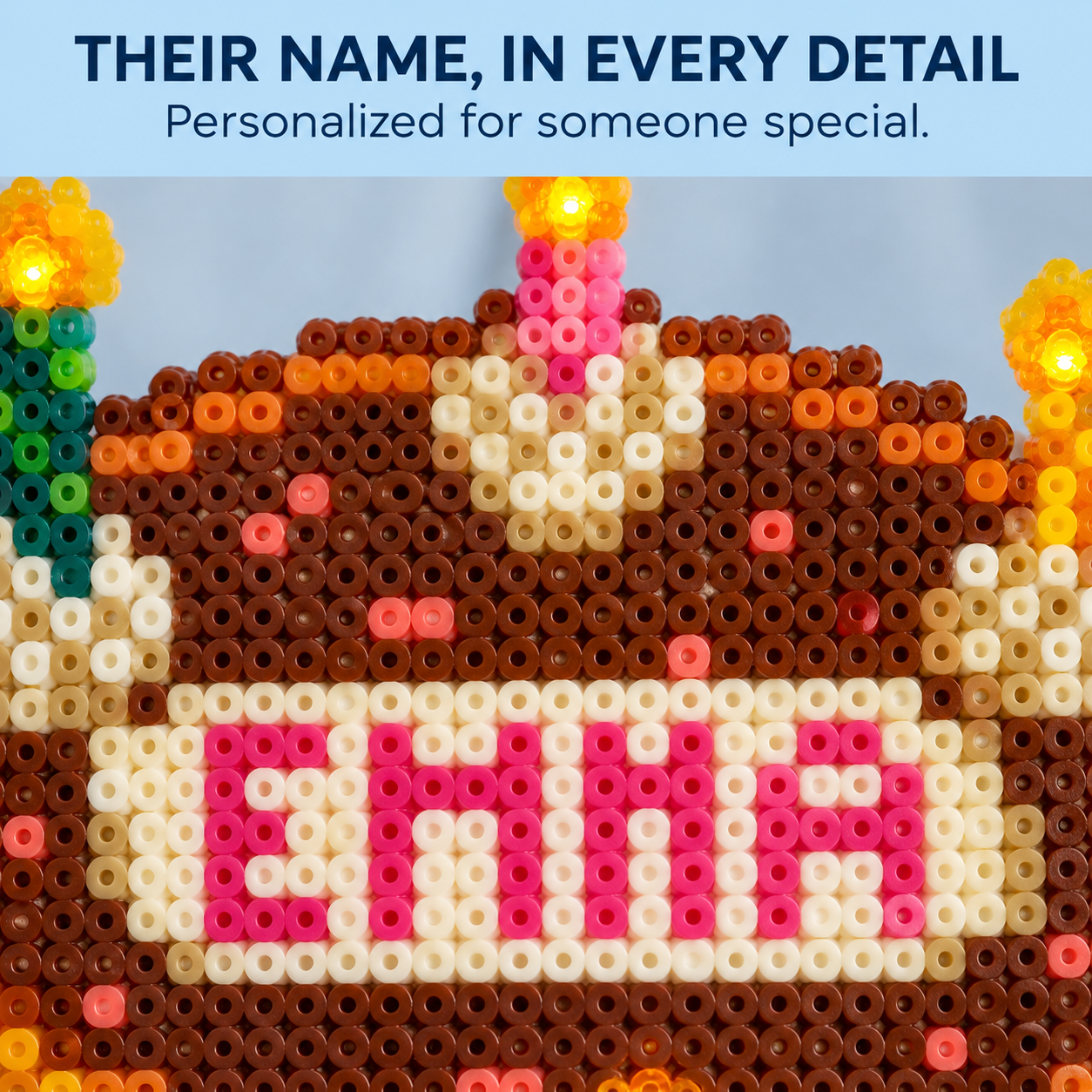 Detailed pixel bead lettering showing the name Emma on the birthday cake