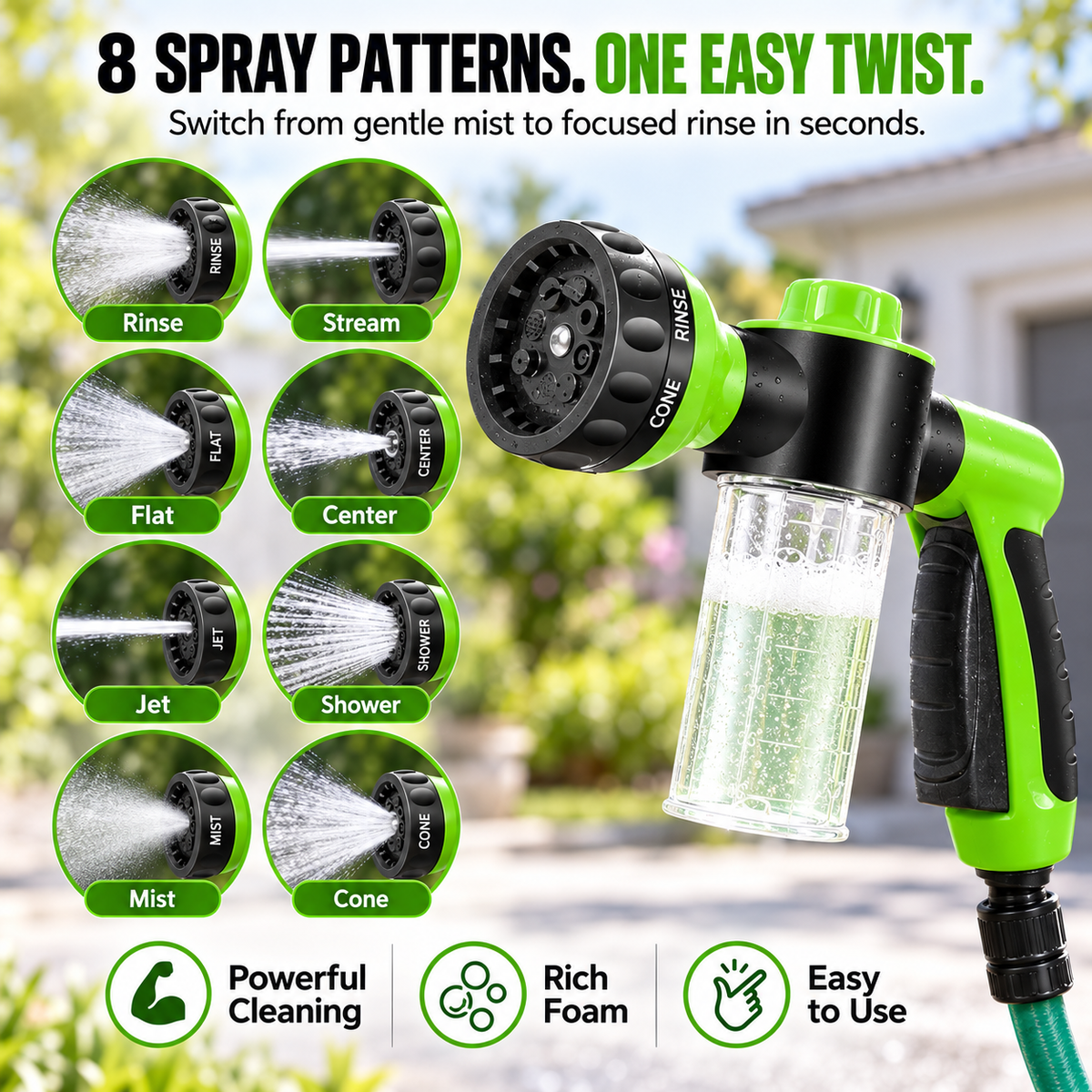 Eight adjustable spray patterns on cleaning hose gun
