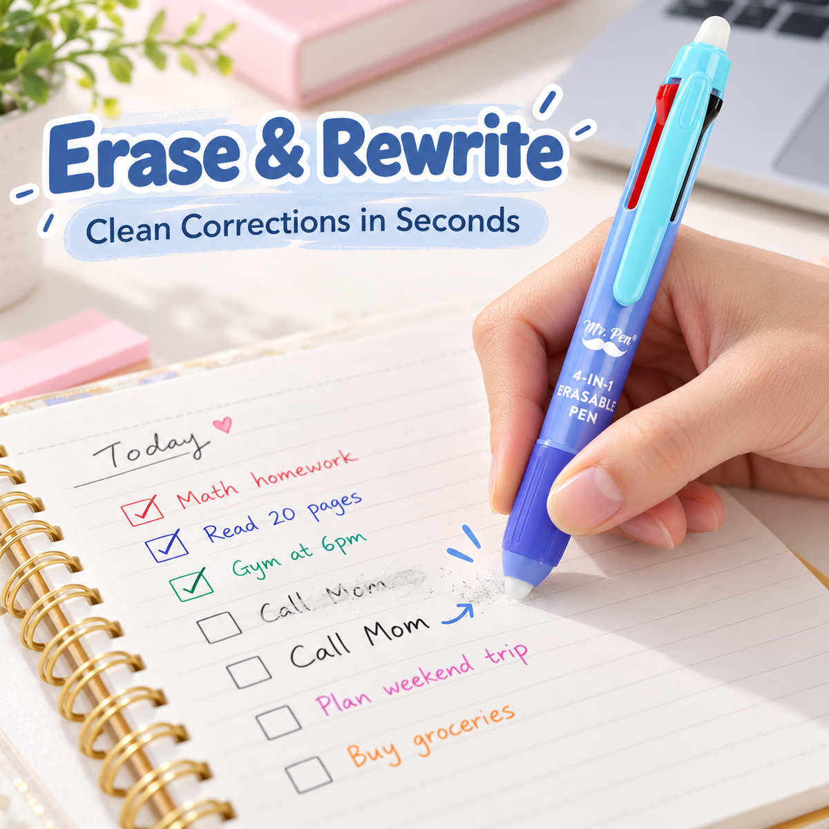 🎨Mr. Pen- Erasable Multicolor Pen, 4-in-1, 5 Pack, Colorful Ink