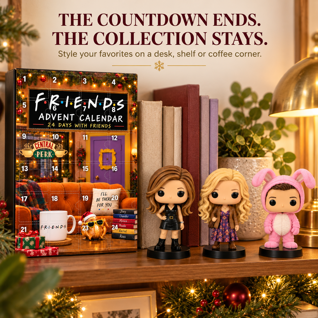 Friends-themed advent calendar and collectible figures arranged on a shelf