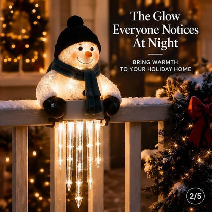 ⛄Lighted Snowman Railing Decoration with Hanging Icicle Lights
