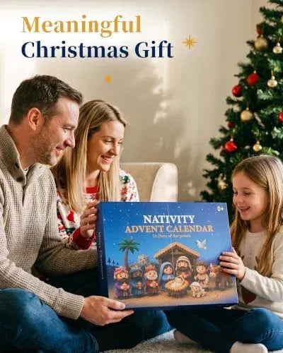Family gifting the Journey to Bethlehem Nativity Advent calendar beside a Christmas tree